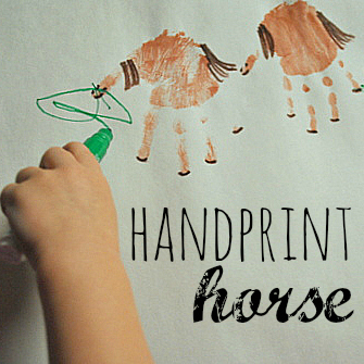 Handprint Horse. A photograph of two horses created from handprints and a child's hand drawing on them with a marker. 