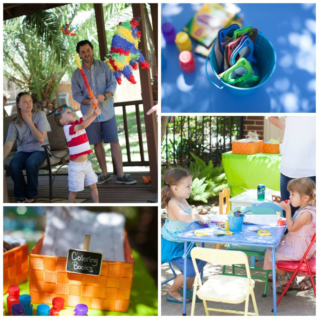 Four photographs from left to right, top to bottom: A young child swinging at a piñata, toy glasses in a bucket, a basket of coloring books, two young children sitting a table with arts and crafts. 