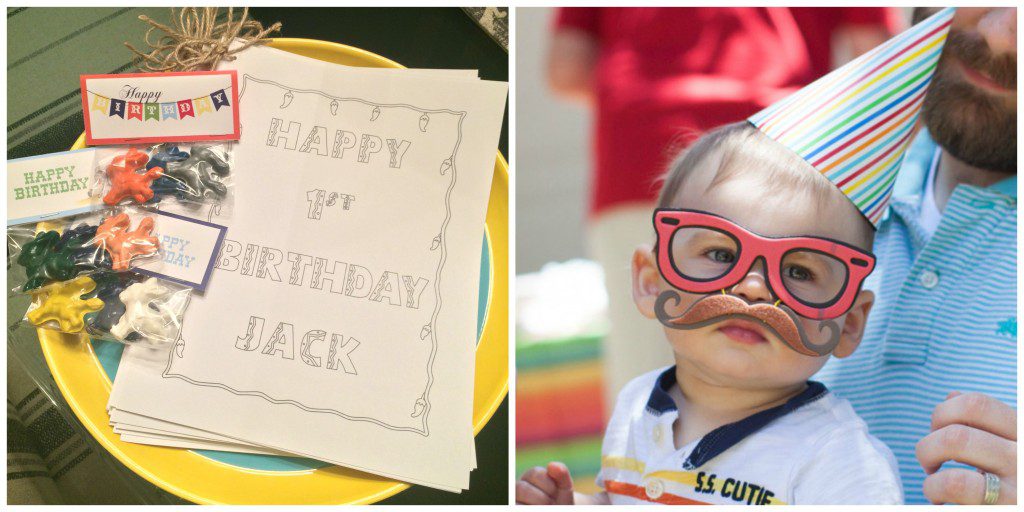 Two photographs. Left: Small packages of toys with a happy birthday tag and a coloring page with the text Happy 1st birthday jack. Right: A photograph of a child wearing toy glasses, a moustache and a birthday hat. 