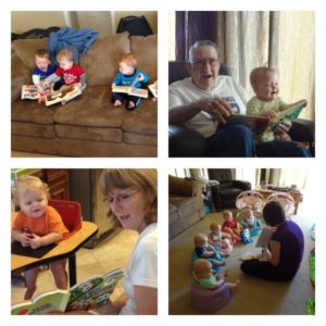 Four photographs from left to right, top to bottom. Three toddlers with open books on their laps, an older man reading to a baby, a mother reading to a toddler, a woman reading to five babies. 