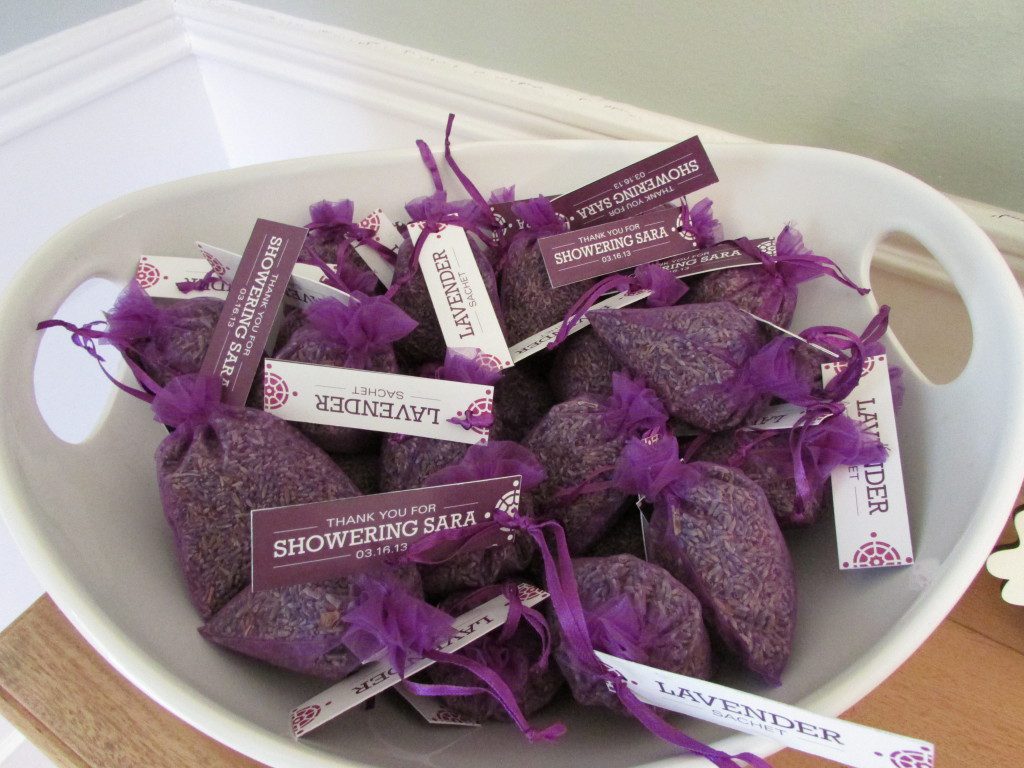 Sachets of lavender each with the text: thank you for showering Sara, 03.16.13. 