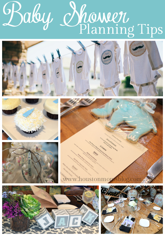 Baby Shower Planning Tips. Six photographs from top to bottom as follows: a row of onesies on a clothesline, cupcakes each decorated with a blue baby bottle, a menu next to a blue frosted elephant cookie, decorative ribbon with the text it's a boy, blocks spelling the name Jack and a set table. 