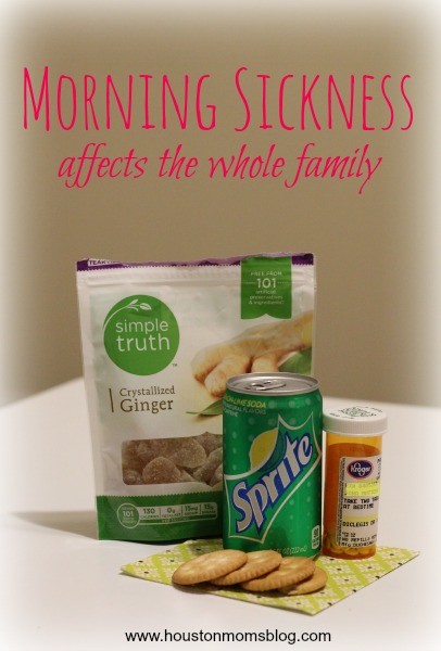 Morning Sickness affects the whole family. A photograph of a package of crystallized ginger, a sprite, crackers and a bottle of medicine. www.houstonmomsblog.com.