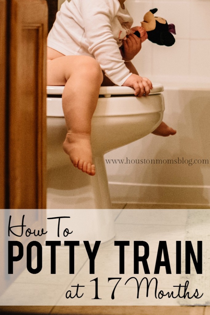 How to Potty Train at 17 months. A photograph of a young child holding a stuffed animal and sitting on a toilet. 