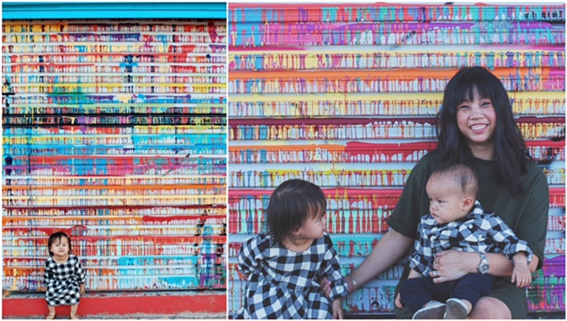 Left photograph of a young child sitting in front of a mural. Right photograph of a mother holding a baby and sitting next to a child in front of a mural. 