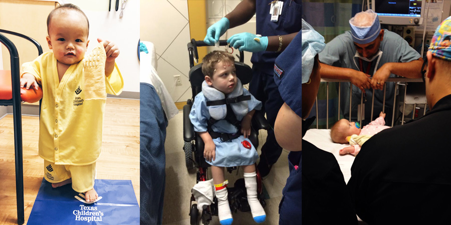 Three photographs. Left: A young child at Texas Children's hospital. Middle: A child in a wheelchair being treated in a hospital. Right: Doctors watching a baby in a hospital bed. 