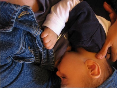 A baby breastfeeding. 