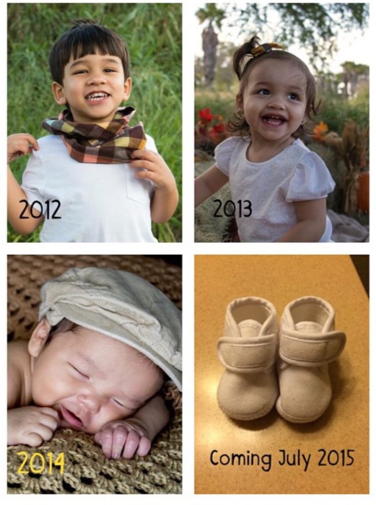 Four photographs of a boy labeled 2012, a girl labeled 2013, a baby labeled 2014 and baby shoes labeled coming July 2015. 
