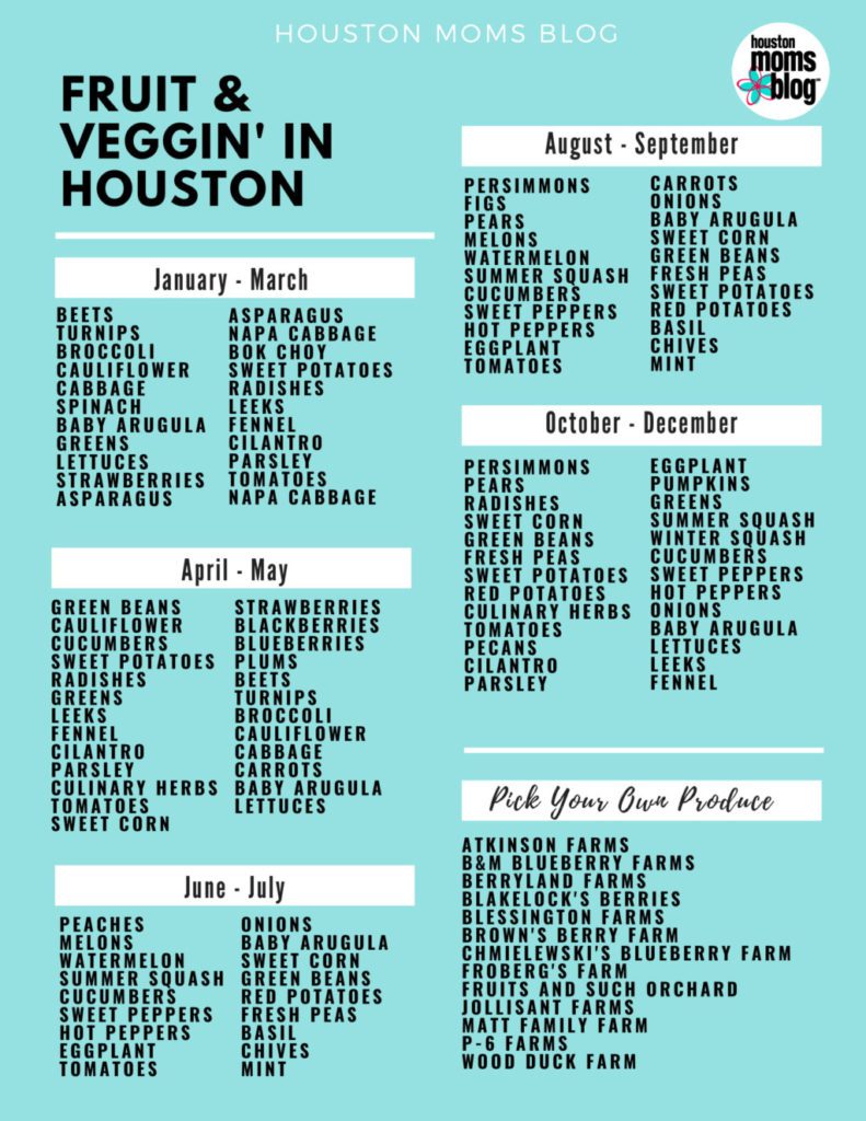 A calendar titled "Fruit and Veggin' in Houston" with fruits and vegetables listed under five month ranges. Farms for Pick your own produce are also listed. Logo: Houston moms blog. 