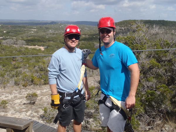 Two smiling men at the Wimberley Zip Line.