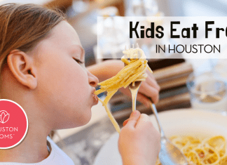 Kids Eat Free in Houston. Logo: Houston Moms. A photograph of a child eating pasta.