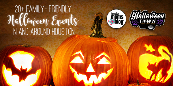 20 plus family friendly Halloween events in and around houston. A photograph of three carved and lit pumpkins. Logo: Houston Moms blog. Logo: Halloween Town.