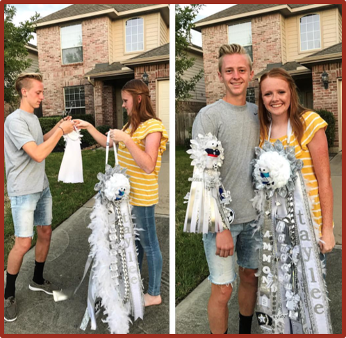 Two photographs. Left: A teenage girl holds an elaborate mum and hands a garter to a teenage boy. Right: The two pose for the camera with the girl wearing the mum and the boy wearing the garter.