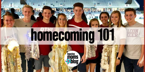 Homecoming 101. A photograph of nine smiling teenagers wearing mums and garters. Logo: Houston moms blog.