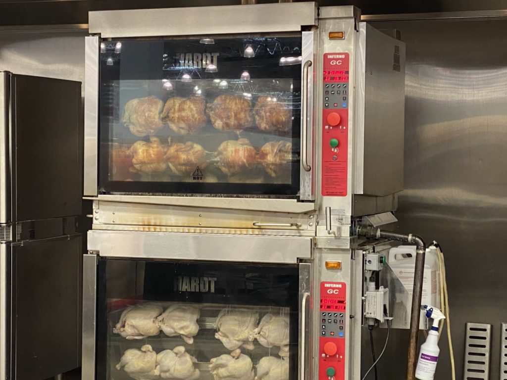 Rotisserie chicken in ovens. 