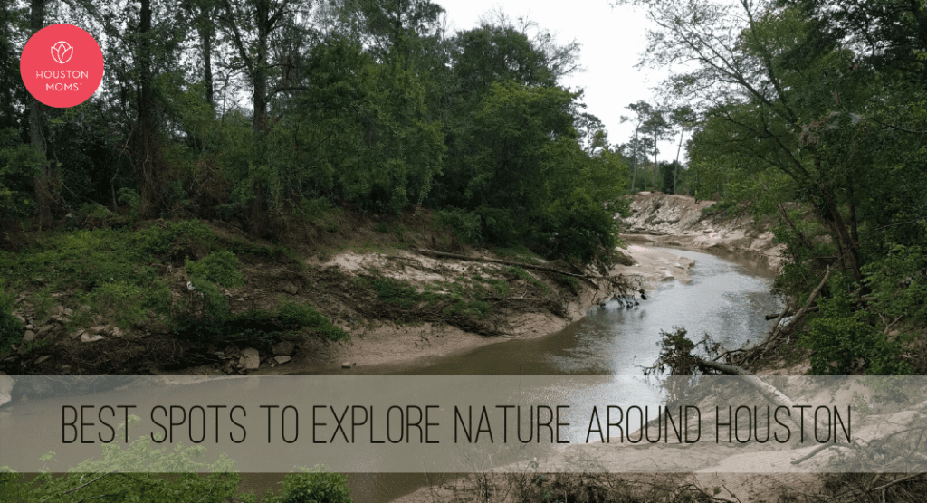 Best Spots to Explore Nature Around Houston. Logo: Houston Moms. A photograph of a river surrounded by trees. 