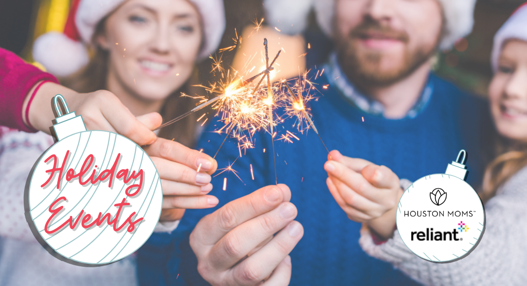 Holiday events. A photograph of a family of four wearing santa hats and holding lit sparklers. Logo: Houston moms and Reliant.