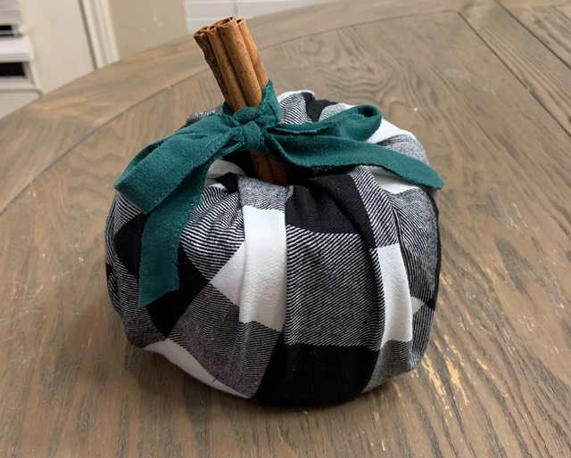 Toilet paper pumpkin with black and white checked fabric and cinnamon stick stem