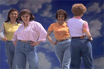 A GIF of four women wearing high-waisted jeans and striking poses. 
