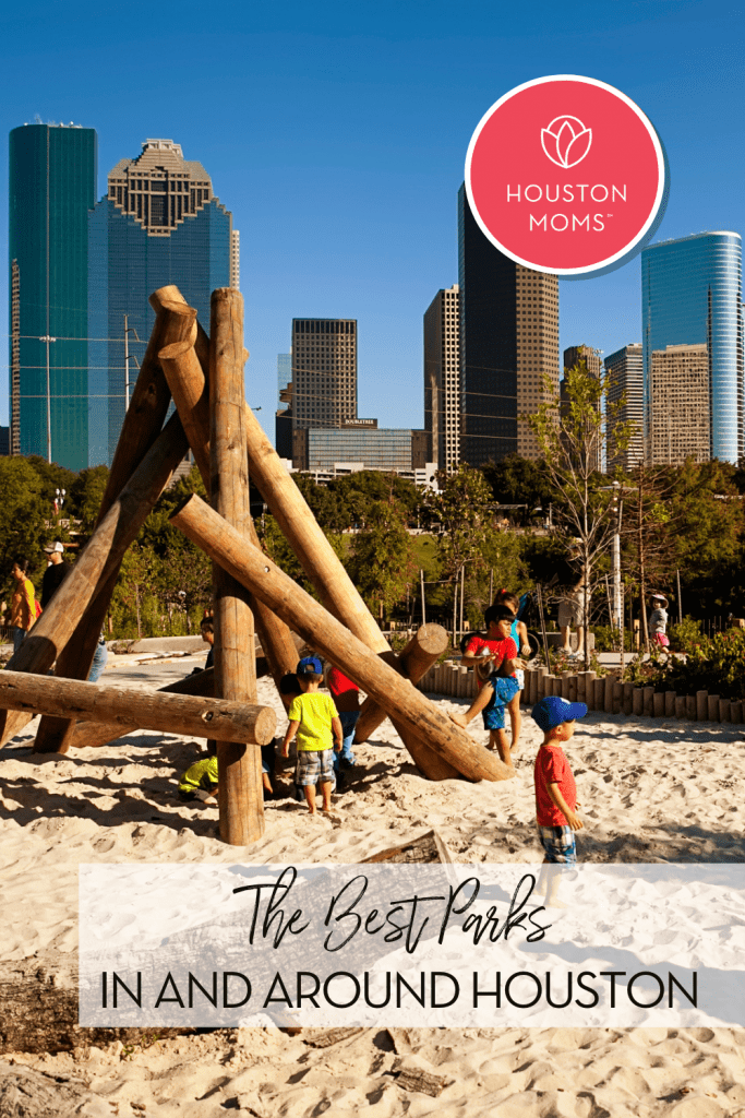 The Best Parks in and around Houston. Logo: Houston Moms. A photograph of a wooden playground with Houston in the background. 