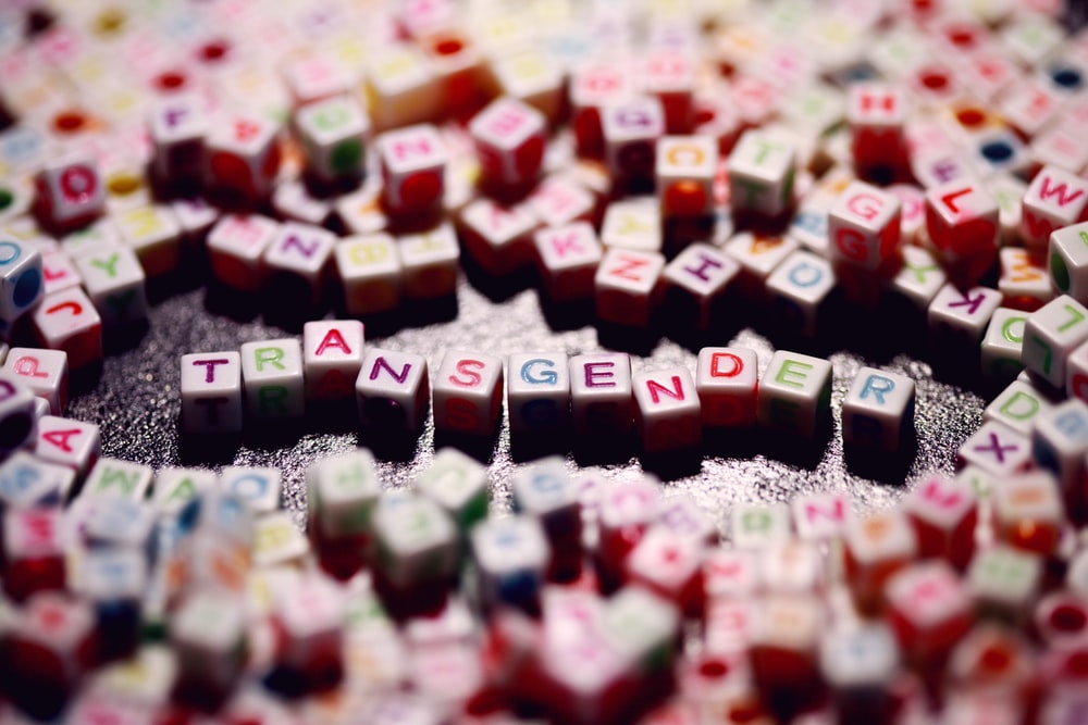 Beads spell the word Transgender. 