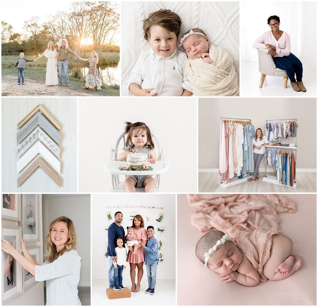 A collage of nine photographs from left to right, top to bottom as follows: A family outside, a young child and a baby lying next to each other, a professional pose of a woman sitting on a chair, a sign, a child in a highchair, a woman next to racks of clothes, a woman hanging a picture, a family, a young baby.