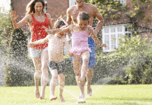 A family of four running through a sprinkler.