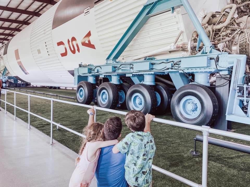 kids look at a space shuttle at Houston Space Center
