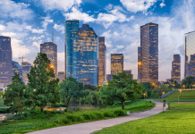 A photograph of downtown Houston.