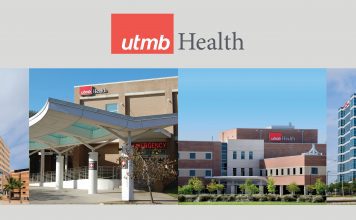 Logo: U T M B Health. A collage of four U T M B Health buildings.