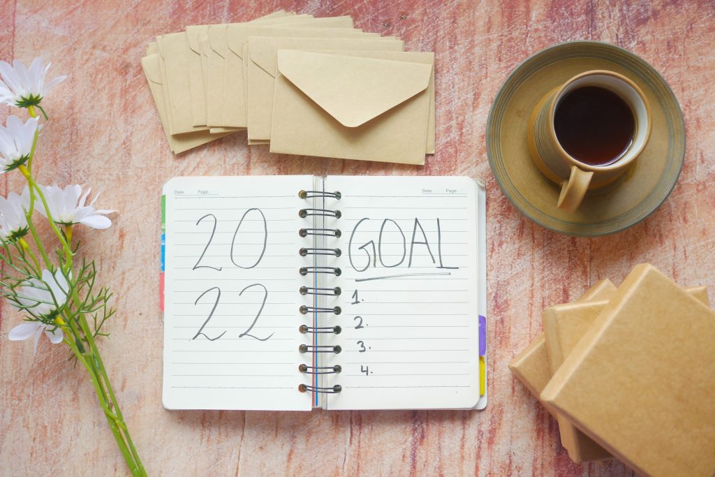 2022 goal book, envelops, and coffee mug on plate