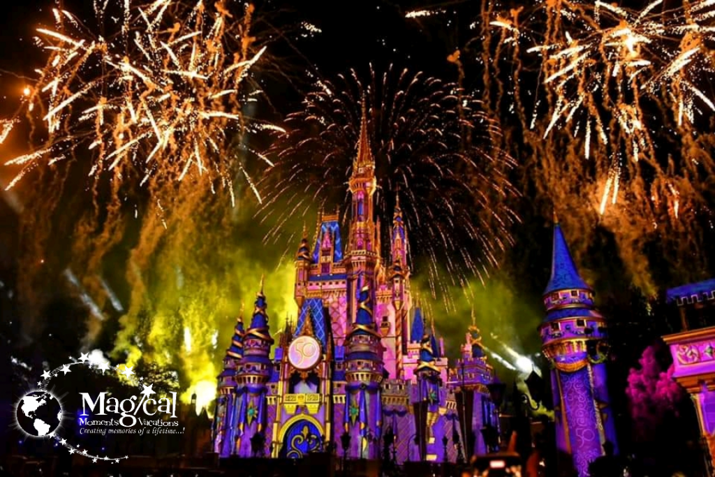 Fireworks exploding over Walt Disney World castle 