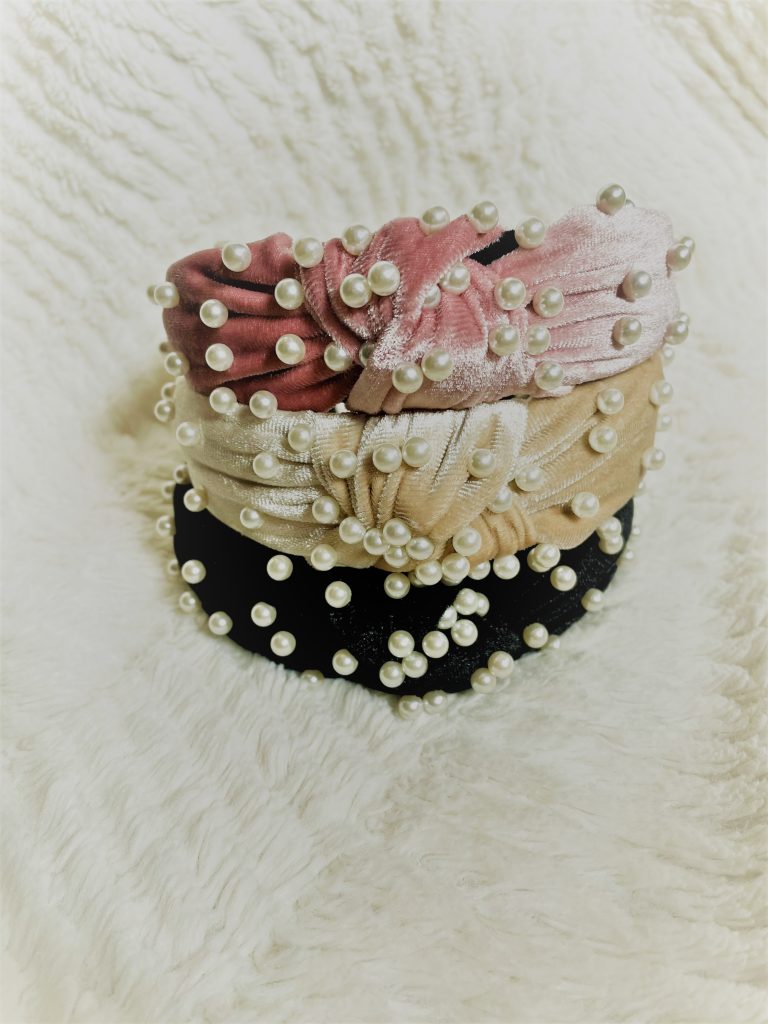 three velvet headbands covered in pearls