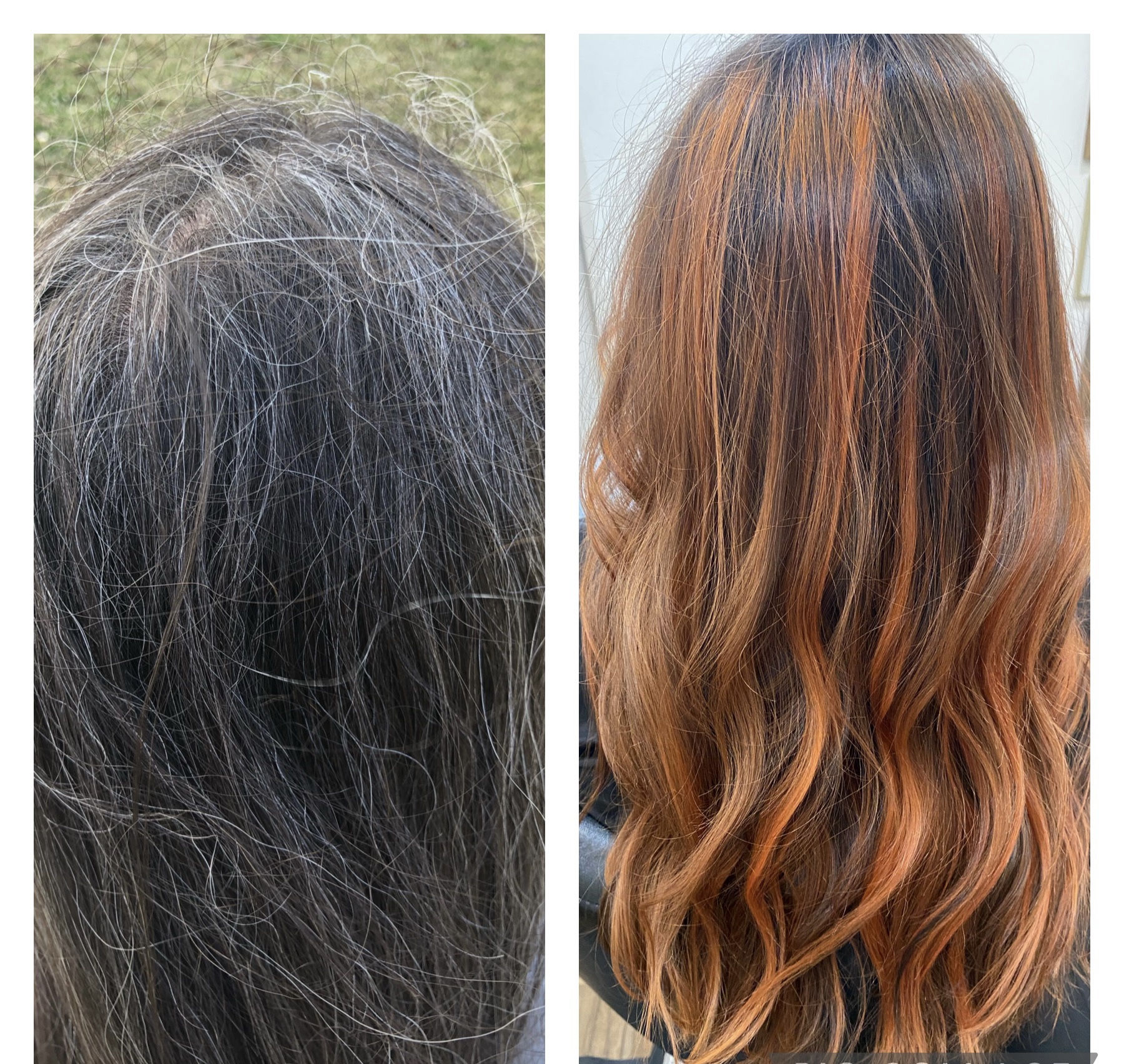side by side comparison of women's hair- one not colored and one colored