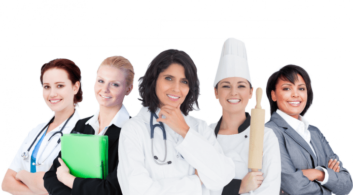 women of different professions stand in a row