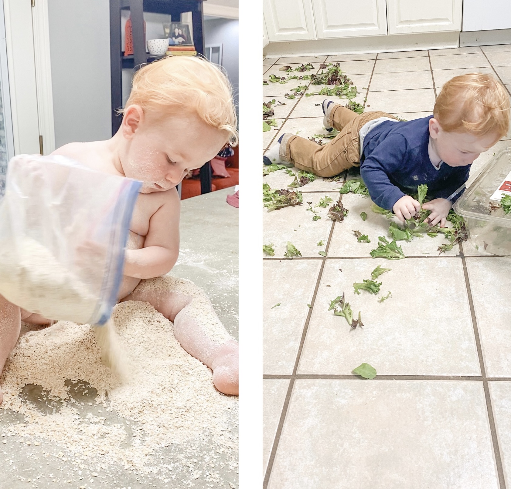 toddler pouring oat flour on floor and laying in lettuce
