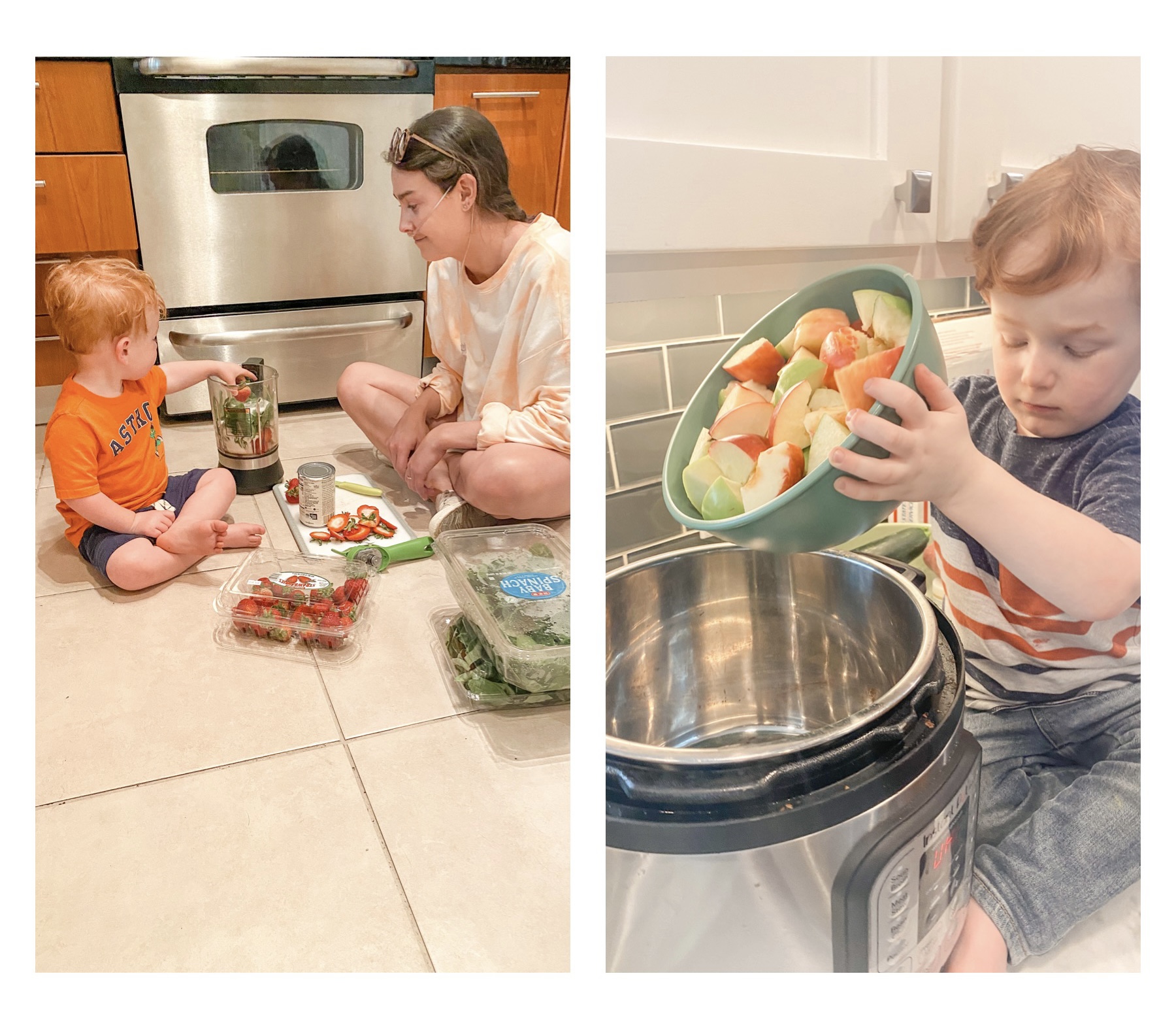 mom and toddler sit on kitchen floor preparing food