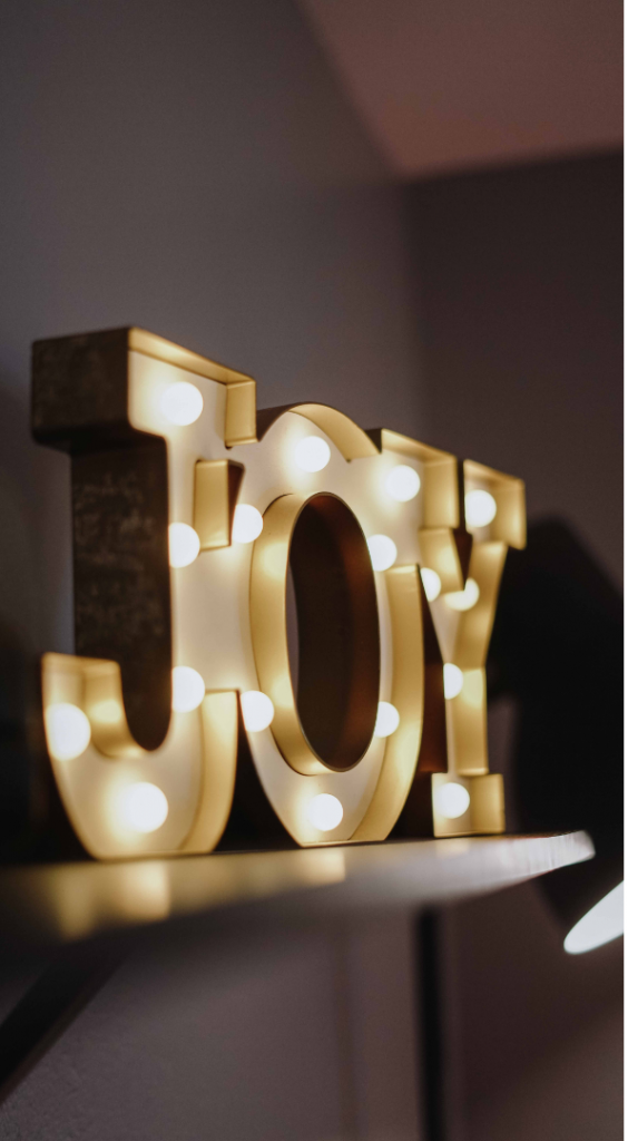 decorative lighted letters that say JOY
