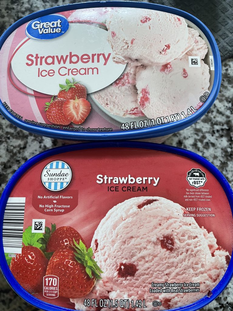 two brands of strawberry ice cream side by side