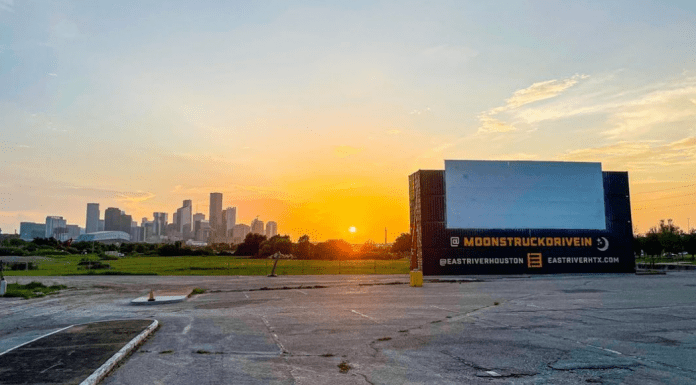 Moonstruck theater with view of Houston skyline