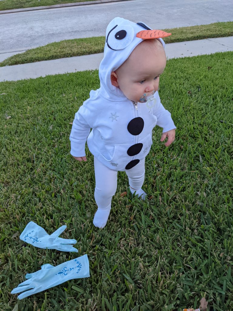 baby in DIY snowman costume